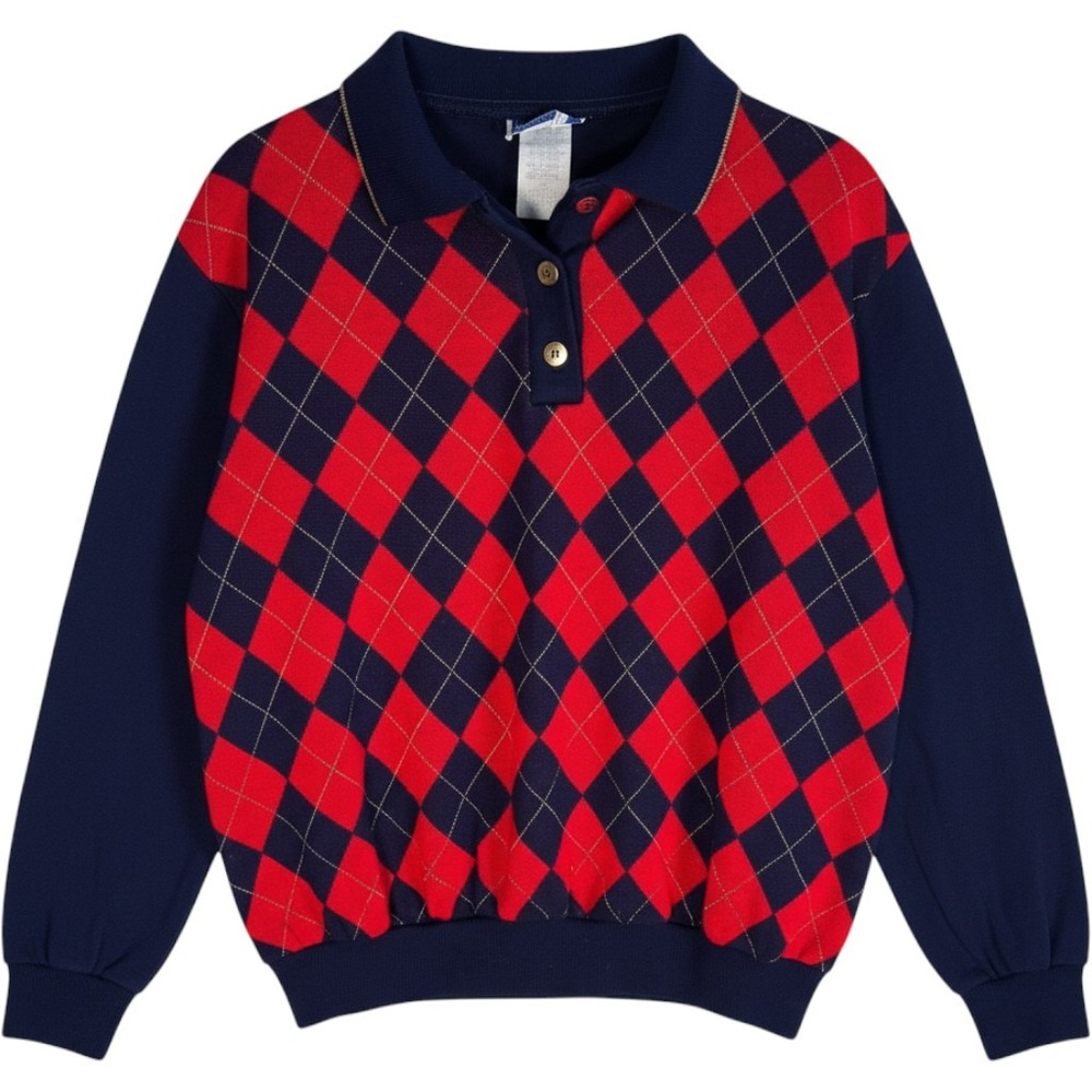 Vintage Cape Cod Sportswear Argyle Polo Sweater Navy Red Gold Lurex Womens Large
